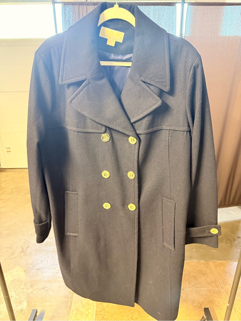 MICHAEL Michael Kors Black Double-Breasted Wool Pea Coat with Gold Buttons